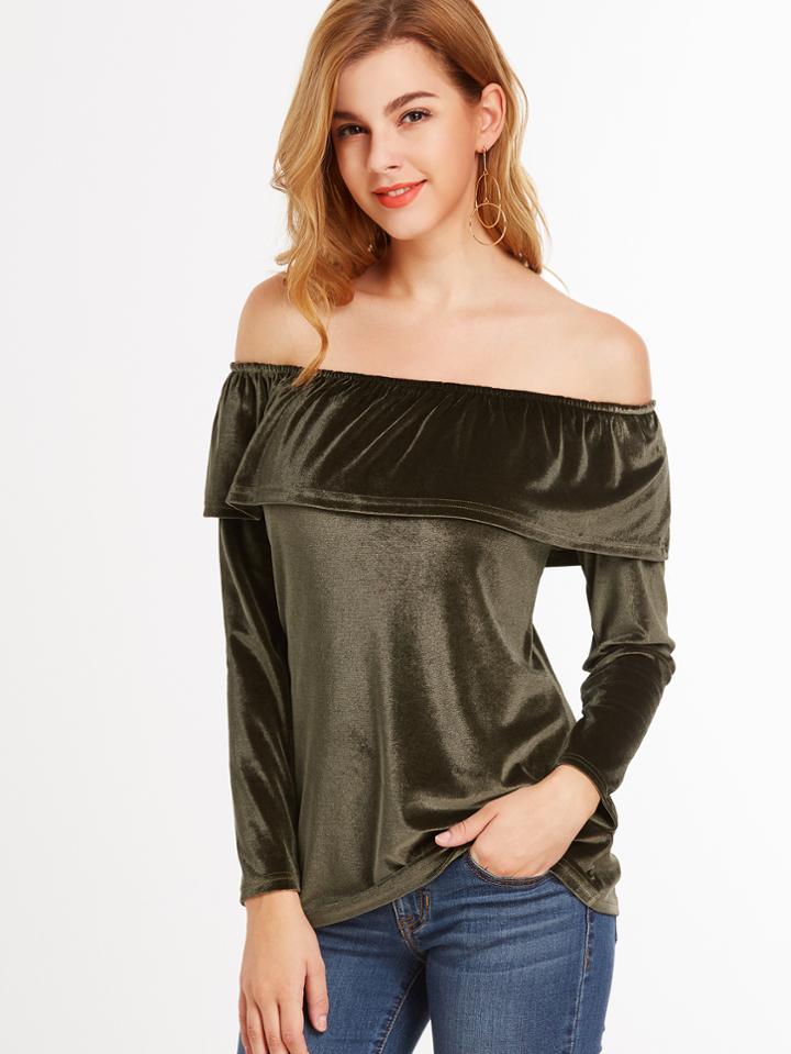 Shein Dark Green Off The Shoulder Ruffle Velvet T-shirt