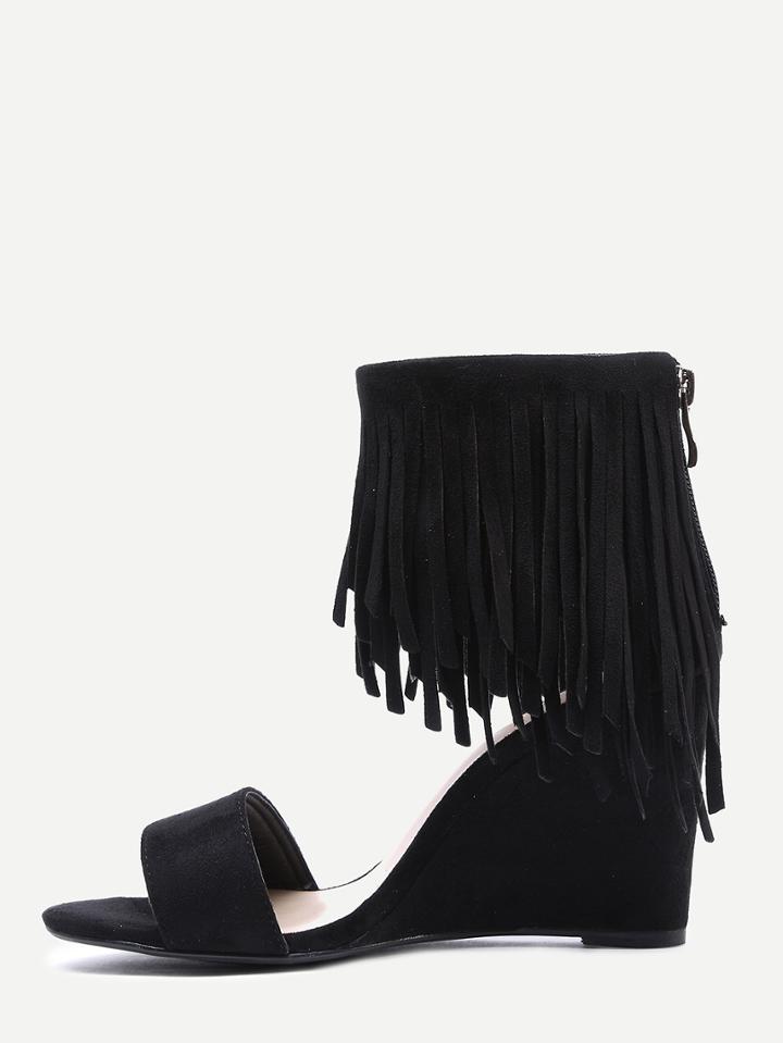 Shein Faux Suede Wide Strap Fringe Ankle Sandals - Black