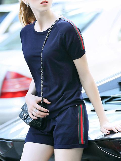 Shein Navy Crew Neck Knit Top With Shorts
