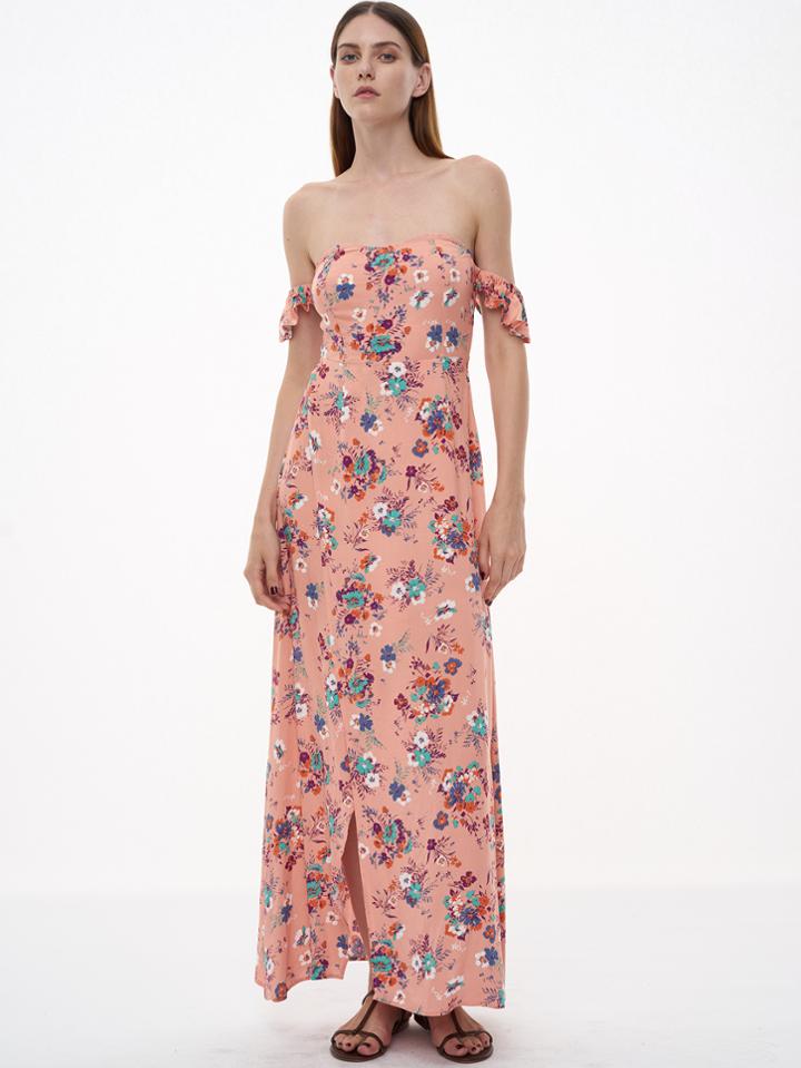 Shein Pink Florals Off The Shoulder Slit Ruffle Dress