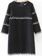 Shein Black Fringe Trim Beaded Raglan Sleeve Dress