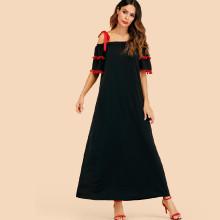 Shein Contrast Tie Shoulder Straps Pom Pom Dress