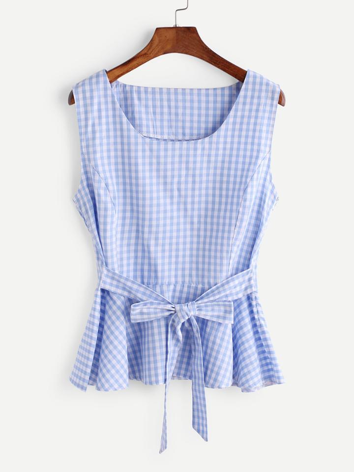 Shein Gingham Plaid Bow Tie Front Peplum Tank Top