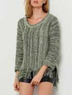 Shein Green Round Neck Dip Hem Tassel Sweater