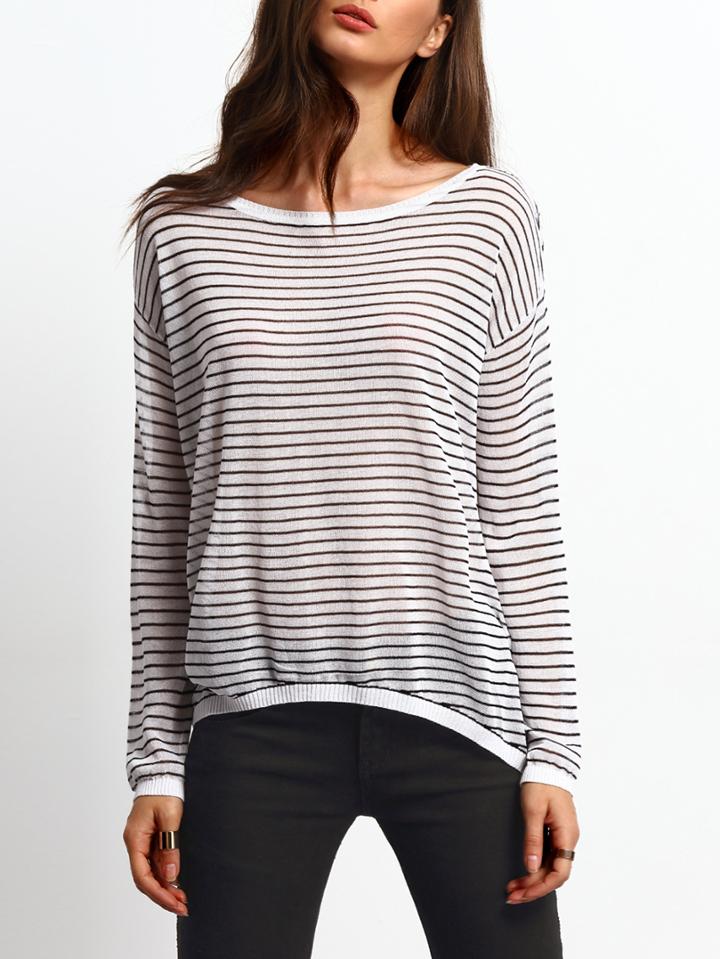 Shein White Black Round Neck Striped T-shirt