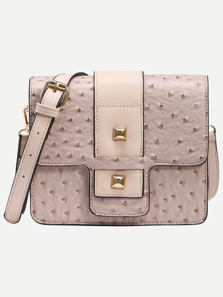 Shein Apricot Faux Ostrich Leather Studded Strap Front Box Bag