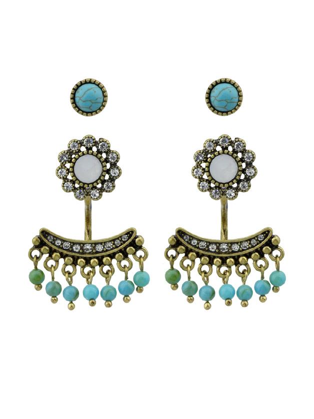 Shein Rhinestone And Blue Stone Flower Tassel Stud Earrings