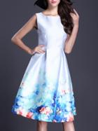 Shein Blue Round Neck Sleeveless Floral Print Dress