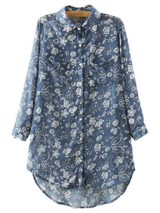 Shein Multicolor Plus Size Dip Hem Pockets Print Blouse