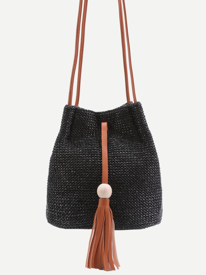 Shein Black Woven Button Closure Tassel Trim Crossbody Bag
