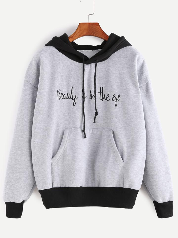 Shein Contrast Ribbed Trim Embroidered Hooded Sweatshirt