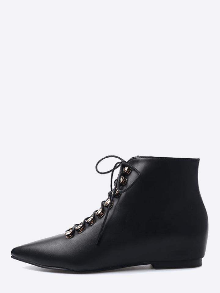 Shein Black Pu Point Toe Lace Up Hidden Wedge Heel Boots