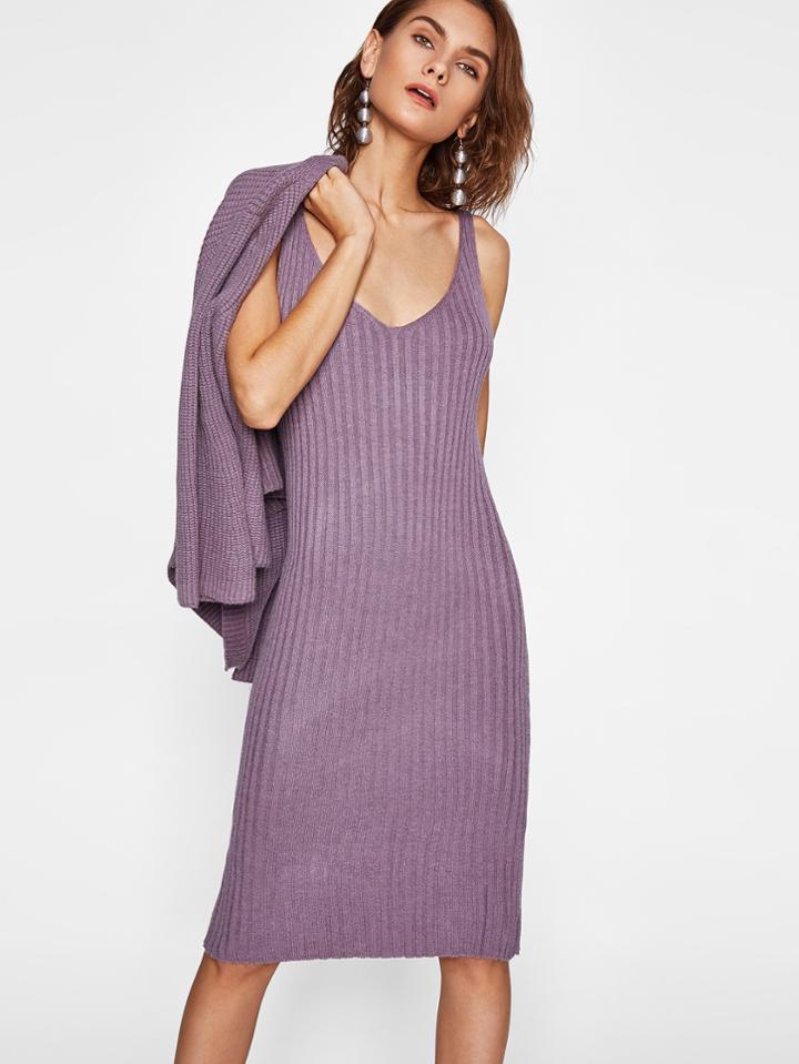 Shein Slit Back Ribbed Cami Knitted Dress With Cardigan