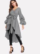 Shein Gathered Sleeve Curved Dip Hem Gingham Dress