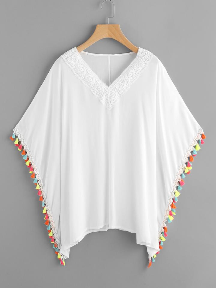 Shein Contrast Tassel Trim Crochet Applique Kaftan Top