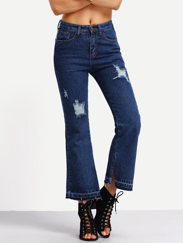 Shein Distressed Hem Slit Ankle Flare Jeans