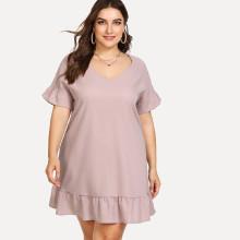 Shein Plus V Cut Back Flounce Trim Swing Dress