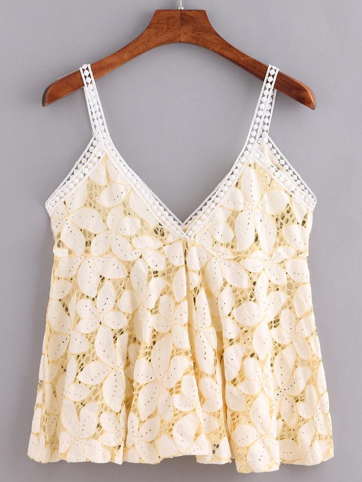 Shein Hollow Out Flower Lace Cami Top - Light Yellow