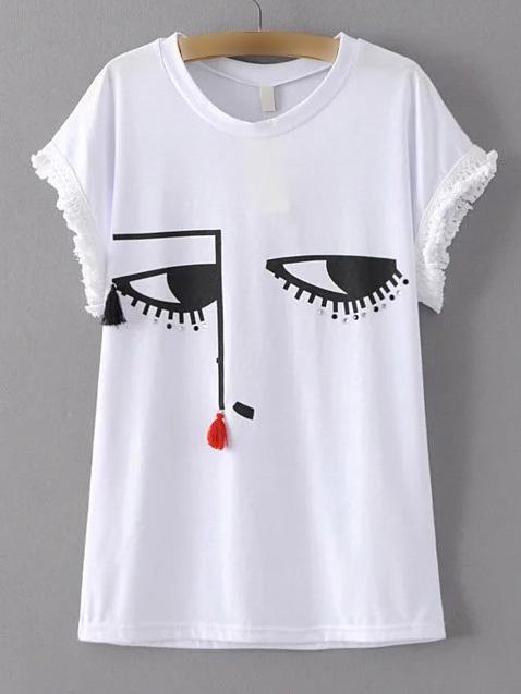 Shein White Eye Printed Rhinestone T-shirt
