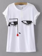 Shein White Eye Printed Rhinestone T-shirt