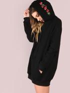 Shein Black Pocket Front Embroidered Hood Sweatshirt
