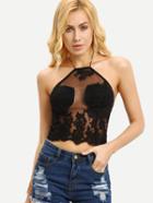 Shein Black Halter Embroidered Zipper Back Crop Top
