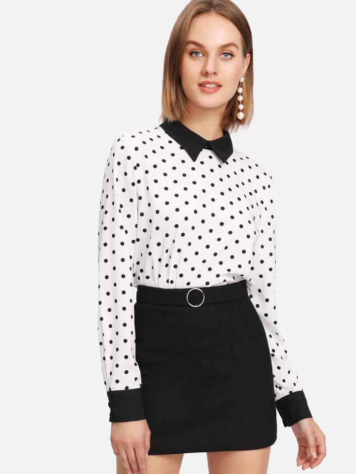 Shein Contrast Collar Curved Hem Polka Dot Blouse