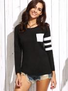 Shein Black Asymmetric Striped Sleeve T-shirt With Pocket