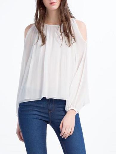 Shein White Open Shoulder Lantern Sleeve Chiffon Shirt