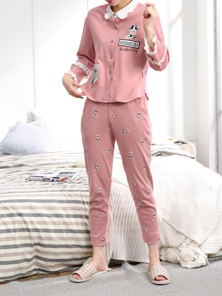 Shein Contrast Frill & Collar Shirt & Pants Pj Set
