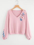 Shein Flower Embroidered Ribbed Sweatshirt