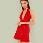 Shein Deep V Neck Ruffle Hem Halter Dress