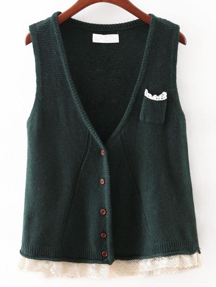 Shein Jasper V Neck Crochet Hem Button Sweater Vest