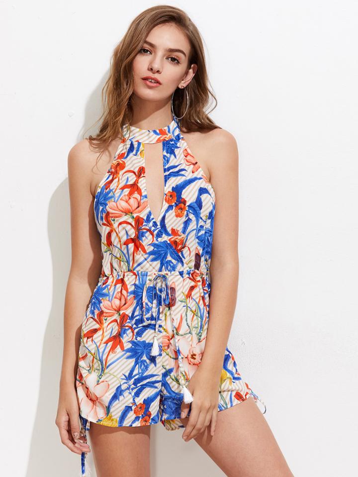 Shein Halterneck Lace Up Side Floral Print Playsuit