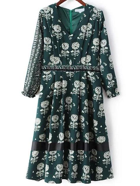 Shein Dark Green V Neck Dandelion Print Dress