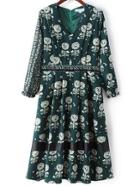 Shein Dark Green V Neck Dandelion Print Dress