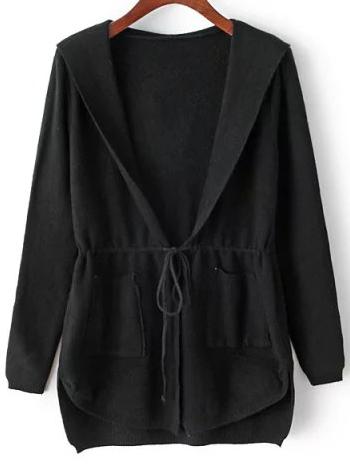 Shein Black Hooded Long Sleeve Pockets Cardigan