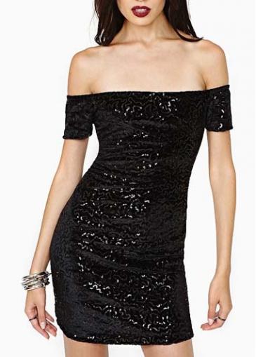 Rosewe Shining Short Sleeve Open Back Black Sheath Dress