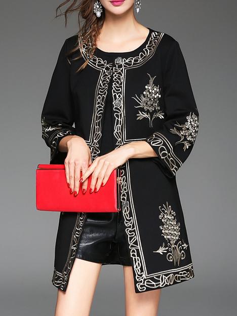 Shein Black Crew Neck Vintage Embroidered Coat