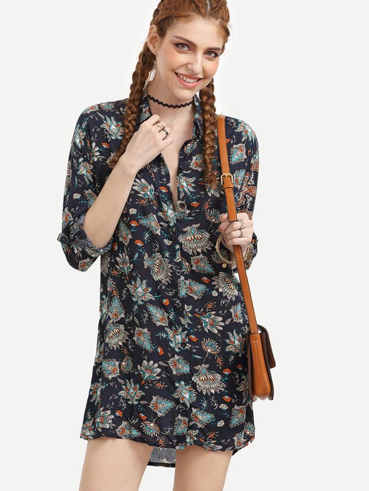 Shein Multi Color Tribal Print Cuffed Sleeve Shirt Dress
