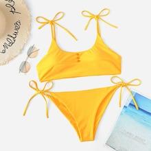 Shein Solid Self Tie Side Button Decorated Bikini Set