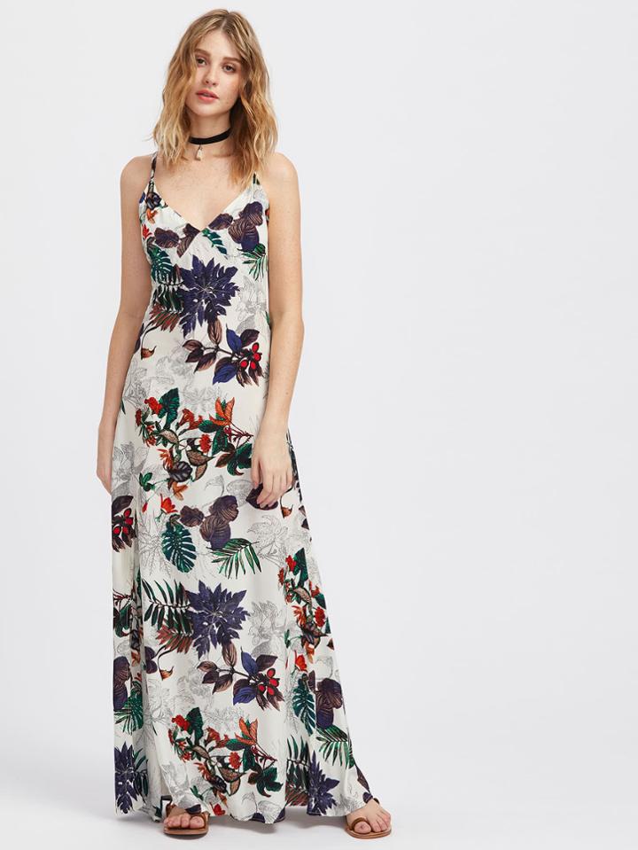 Shein V Neckline Tropical Print Slit Maxi Dress