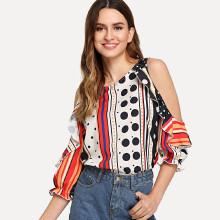 Shein Contrast Striped Dot Print Open Shoulder Blouse