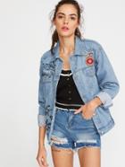 Shein Light Blue Printed Embroidered Denim Jacket