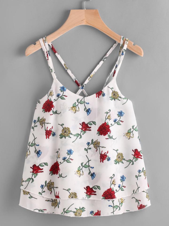 Shein Floral Print Crisscross Layered Chiffon Cami Top