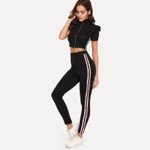 Shein O-ring Zip Up Ruffle Trim Crop Top & Striped Side Pants Set