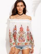 Shein Multicolor Off The Shoulder Embroidered Long Sleeve Blouse