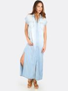 Shein Blue Cap Sleeve Button Pocket Denim Dress