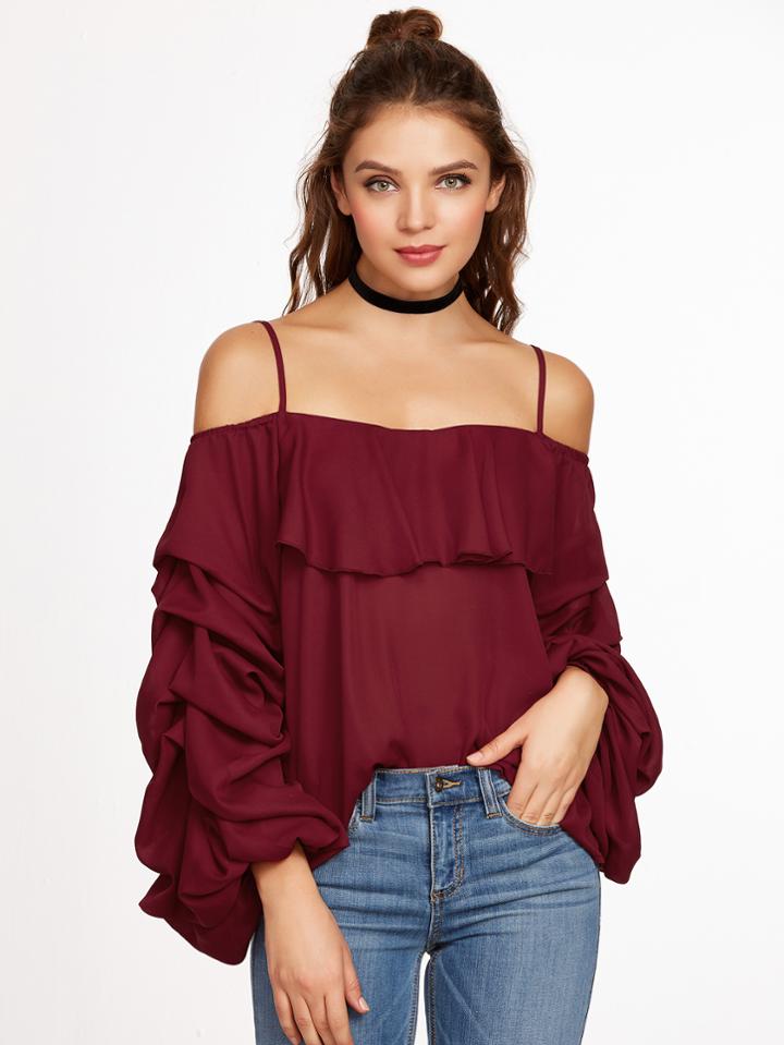 Shein Burgundy Cold Shoulder Billow Sleeve Ruffle Top