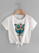 Shein Owl Print Knot Front Tee